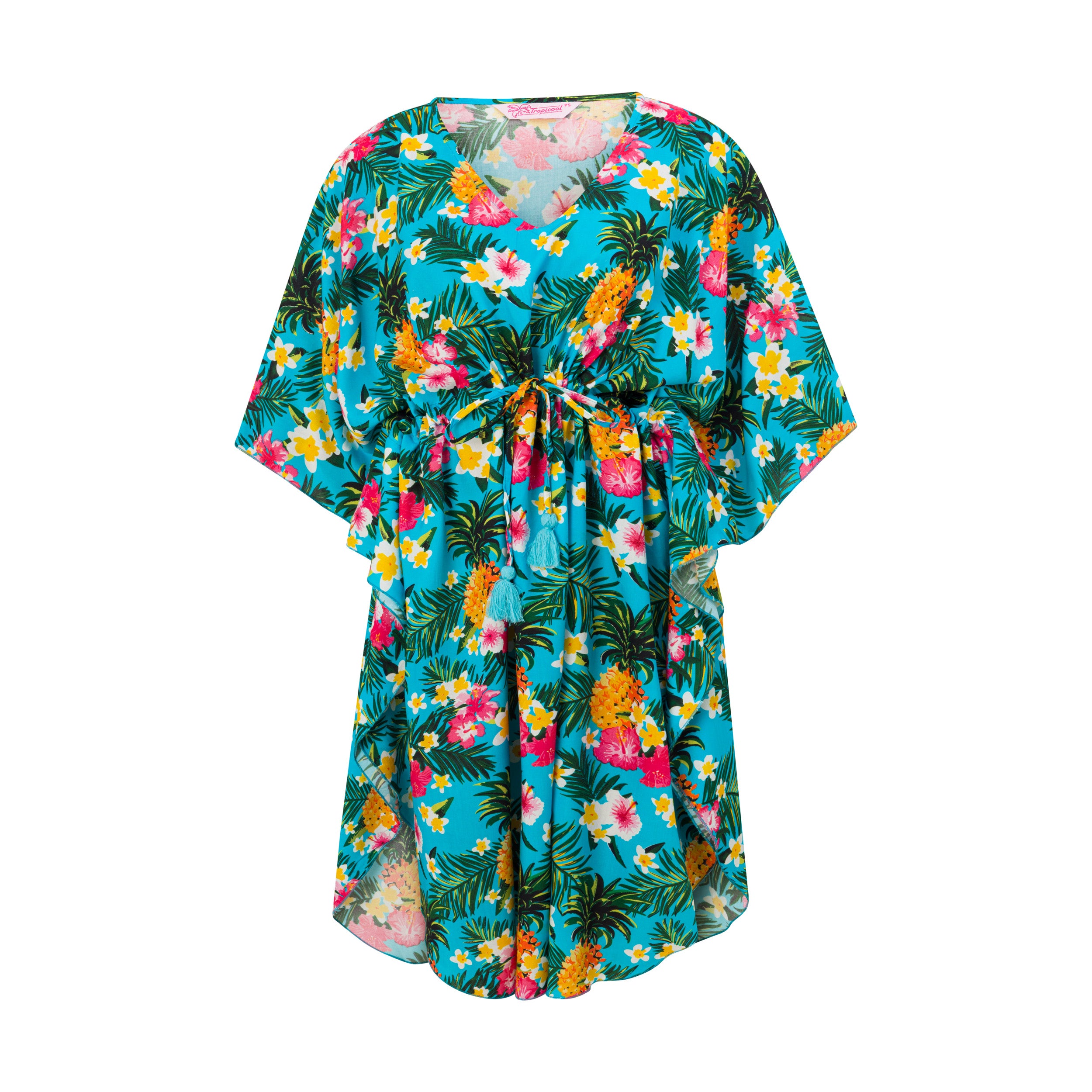 Turquoise rayon kaftan with tropical palm and yellow floral print, tie waist, and short sleeves. | Tropicool Clothing