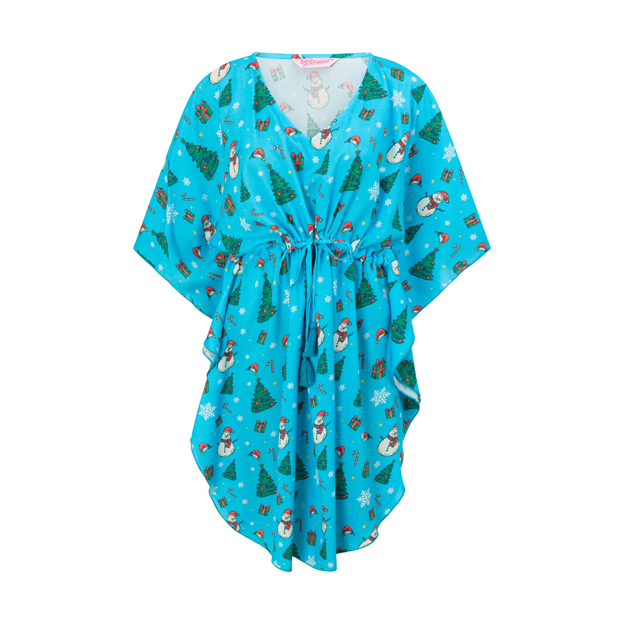 Bright blue rayon kaftan with Christmas snowman and festive prints, drawstring waist, tropical style. | Tropicool Clothing