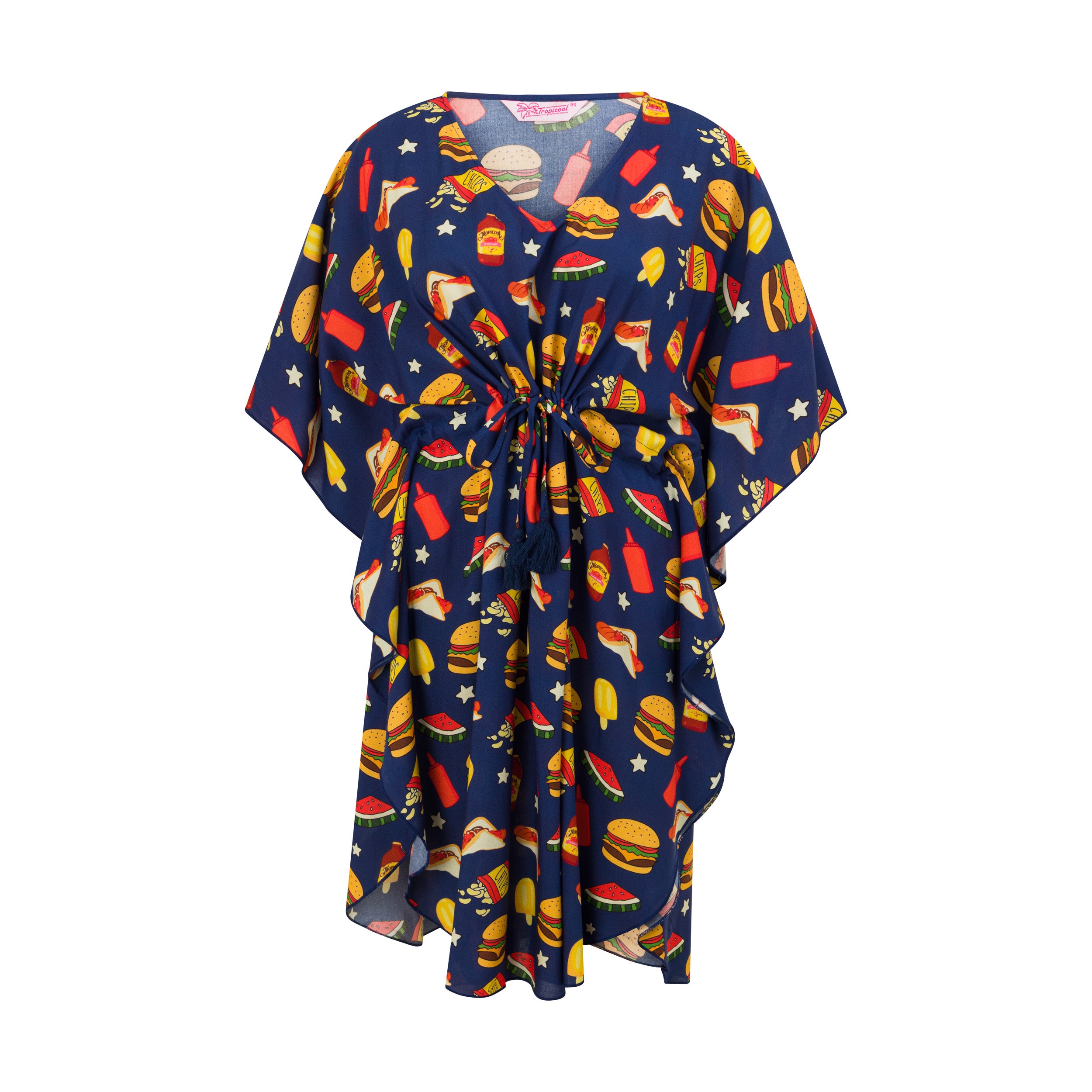 Rayon kaftan with drawstring waist featuring colorful burger and fries print, perfect for tropical parties. | Tropicool Clothing