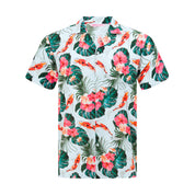 White Hawaiian shirt with short sleeves, vibrant koi fish print, festive tropical rayon party apparel. | Tropicool Clothing