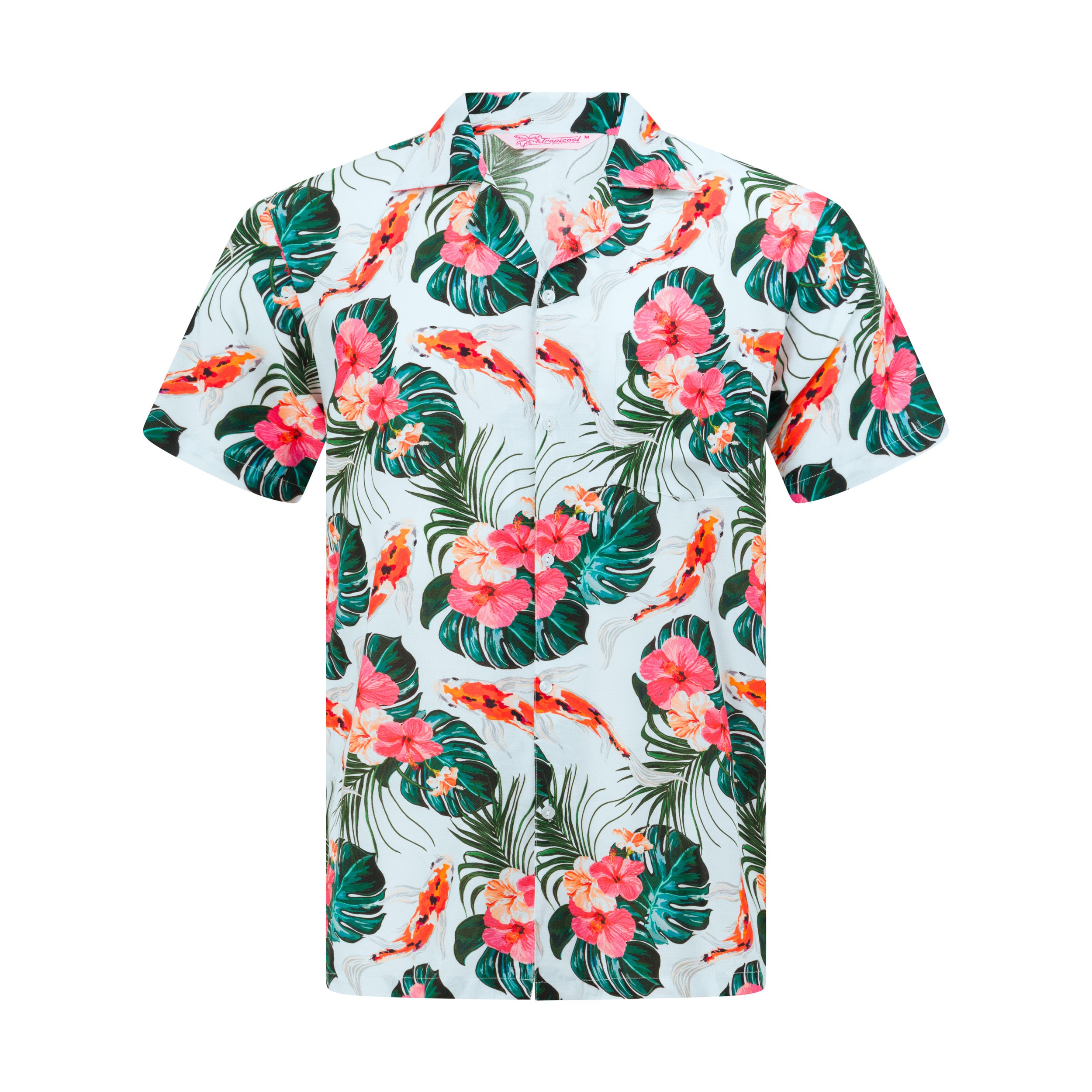 White Hawaiian shirt with short sleeves, vibrant koi fish print, festive tropical rayon party apparel. | Tropicool Clothing