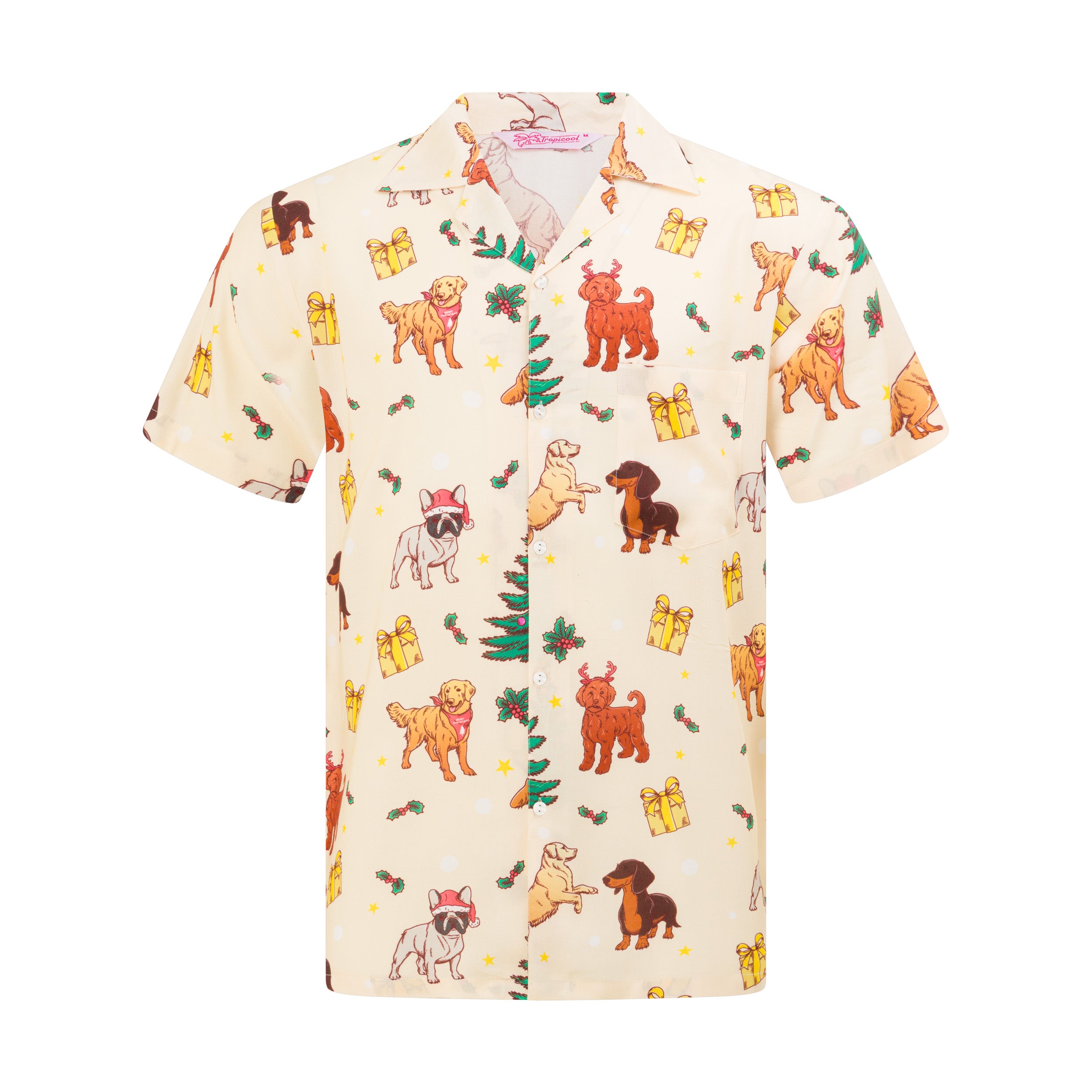 Christmas-themed adult rayon shirt with green pine trees, red holly, wrapped gifts, and dog pattern. | Tropicool Clothing