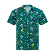 Green rayon Hawaiian shirt with festive Santa astronauts, yellow dinosaurs, stars, and candy cane pattern. | Tropicool Clothing