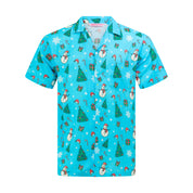 Blue short-sleeve Hawaiian shirt with festive snowmen, trees, presents, and candy canes print. | Tropicool Clothing