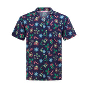 Navy rayon shirt with neon Christmas tree and gift print, short sleeves, unisex festive tropical style. | Tropicool Clothing
