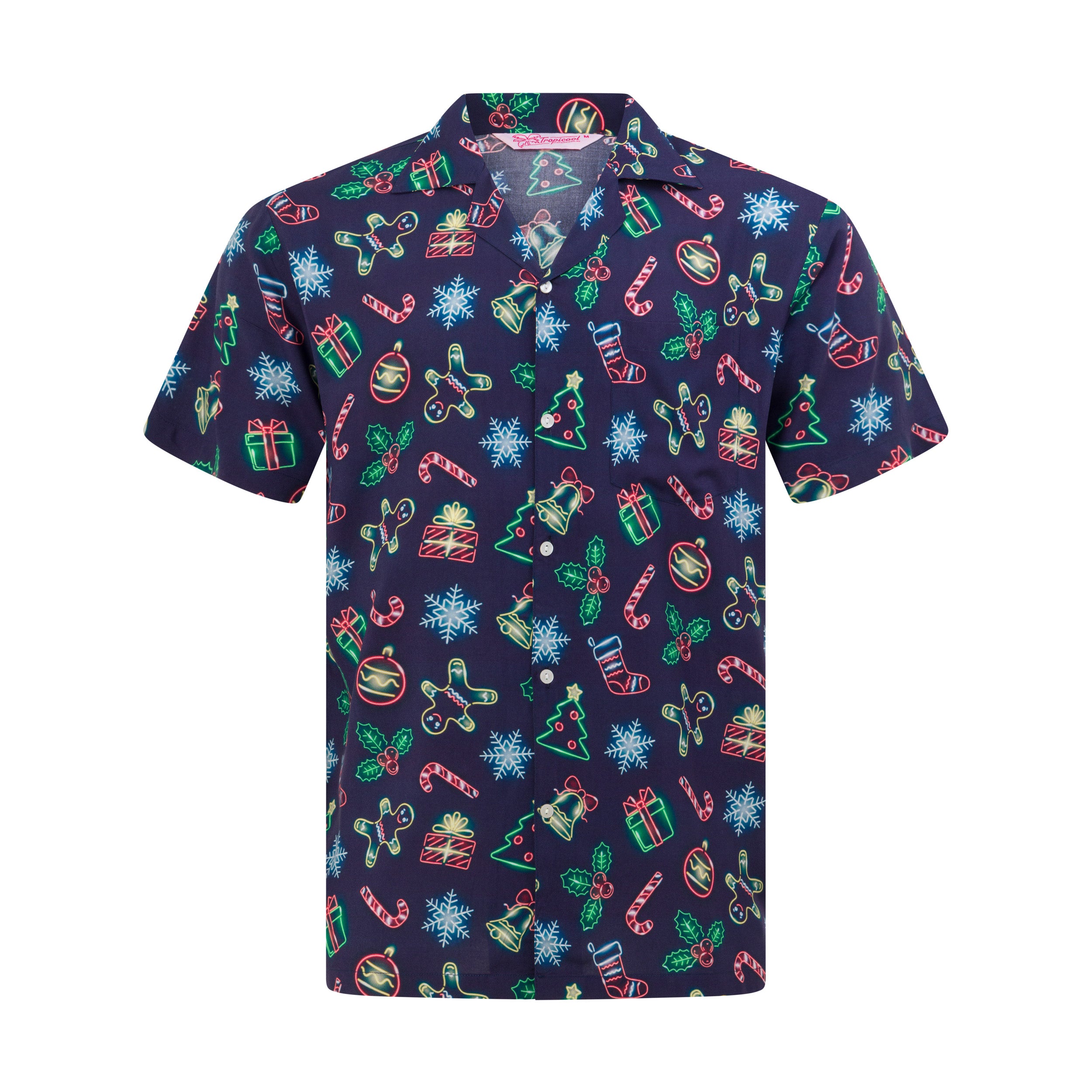 Navy rayon shirt with neon Christmas tree and gift print, short sleeves, unisex festive tropical style. | Tropicool Clothing