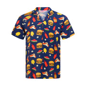 Blue Hawaiian shirt with vibrant burger, watermelon, and condiment print; rayon fabric; tropical party style. | Tropicool Clothing