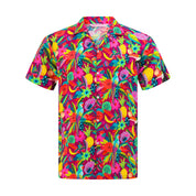 Pink Hawaiian shirt with multicolored toucans and fruit print, 100 rayon, tropical party style. | Tropicool Clothing