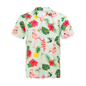 Tropical rayon Hawaiian shirt with flamingos, parrots, pineapples, green leaves, and red flowers on white. | Tropicool Clothing