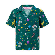 Green kids’ rayon Hawaiian shirt with koala, kangaroo, candy cane, and festive ornament print. | Tropicool Clothing