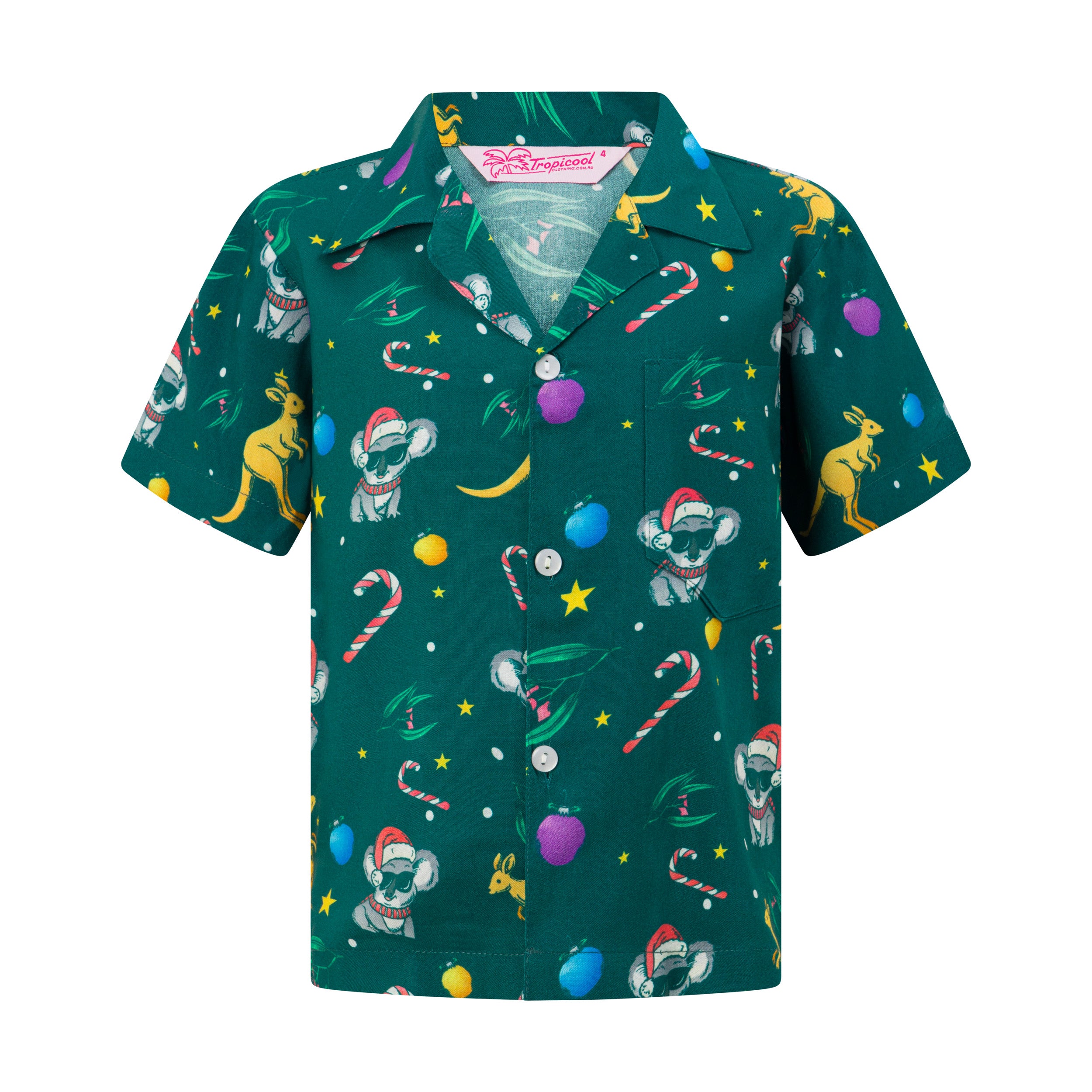 Green kids’ rayon Hawaiian shirt with koala, kangaroo, candy cane, and festive ornament print. | Tropicool Clothing
