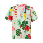 Kids tropical Hawaiian shirt in rayon with short sleeves, pink flamingos, yellow flowers, palm leaves. | Tropicool Clothing