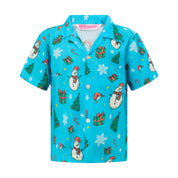 Blue kids’ rayon Hawaiian shirt with snowmen, Christmas trees, gifts, candy canes, and snowflakes. | Tropicool Clothing
