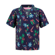Kids Christmas rayon shirt with neon red, green, and white stockings, gifts, candy canes, snowflakes, holly prints. | Tropicool Clothing