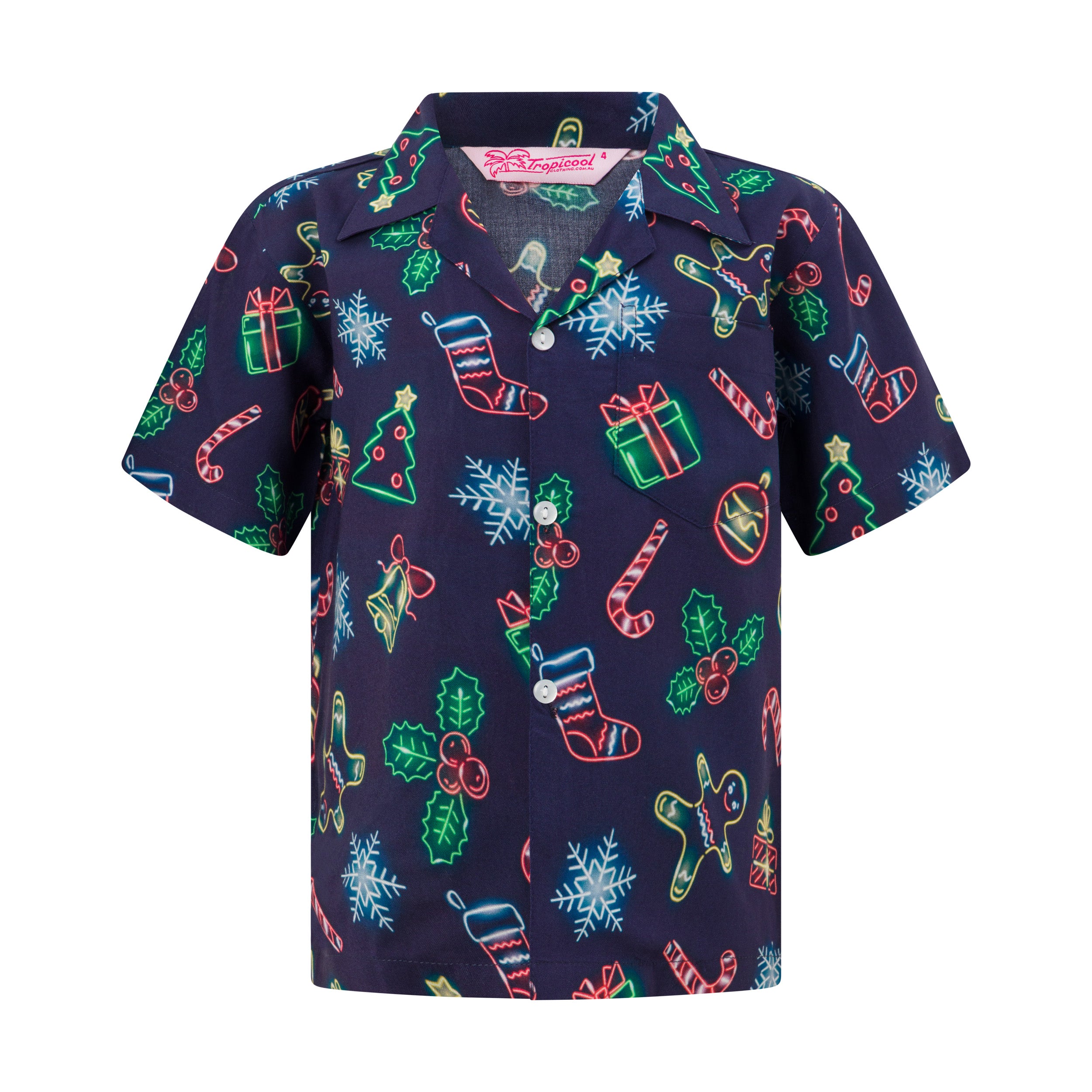 Kids Christmas rayon shirt with neon red, green, and white stockings, gifts, candy canes, snowflakes, holly prints. | Tropicool Clothing