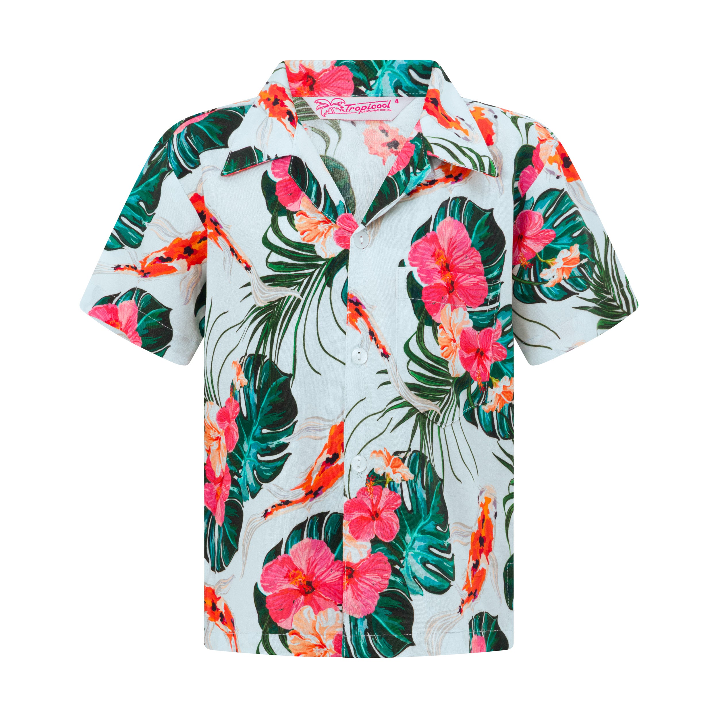 Kids Hawaiian shirt featuring orange koi fish, green palm leaves, and yellow hibiscus on blue rayon. | Tropicool Clothing