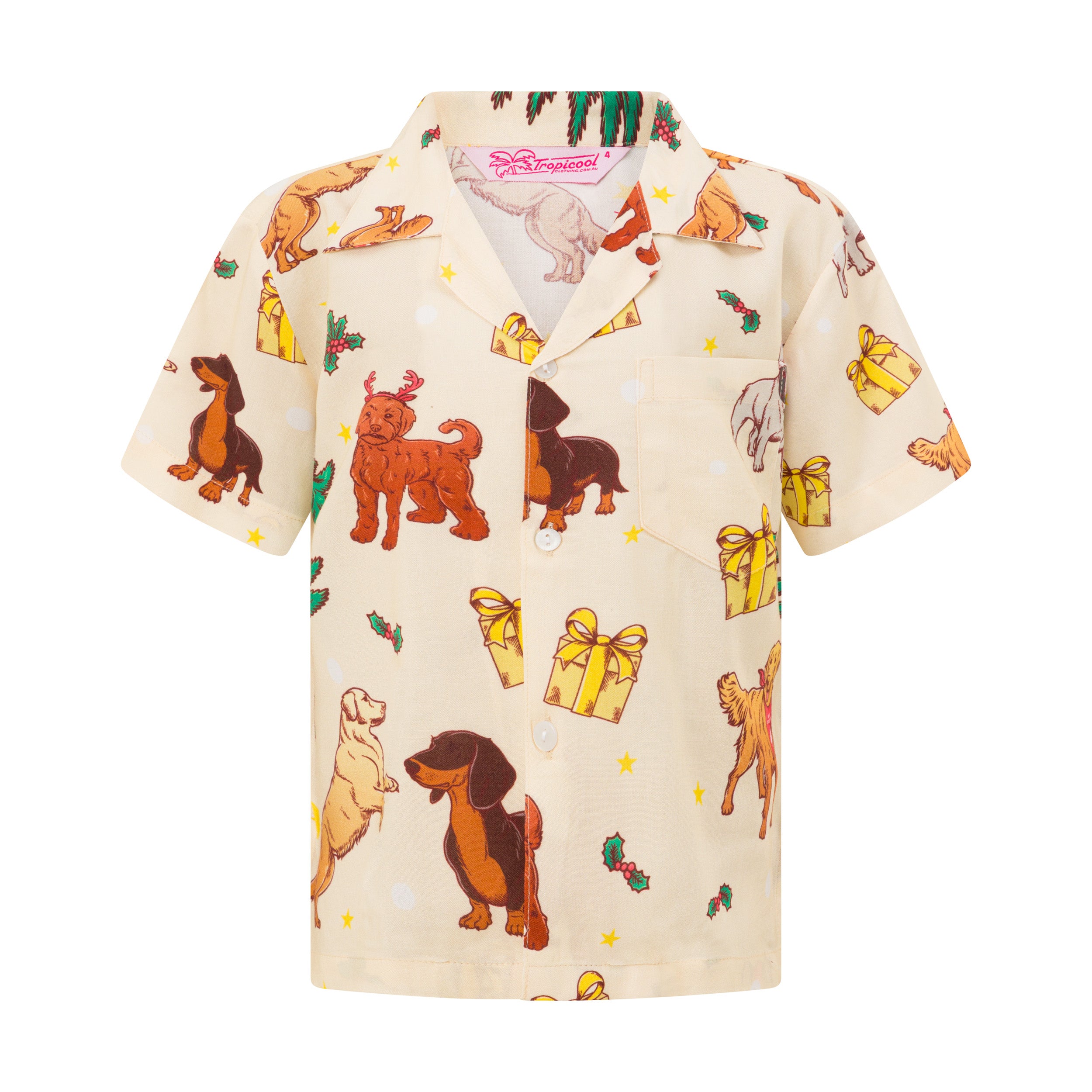 Kids Christmas rayon Hawaiian shirt with festive dogs, gift boxes, stars; red, green, and white pattern. | Tropicool Clothing