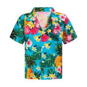 Turquoise kids Hawaiian shirt in rayon with blue base and vibrant tropical palm and floral print. | Tropicool Clothing