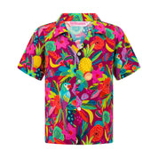 Kids Hawaiian shirt with vibrant toucans, pineapples, and hibiscus on multicolor rayon fabric. | Tropicool Clothing