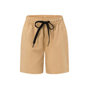 Khaki cotton kids shorts with elastic waist, black drawstring; relaxed fit ideal for tropical occasions. | Tropicool Clothing