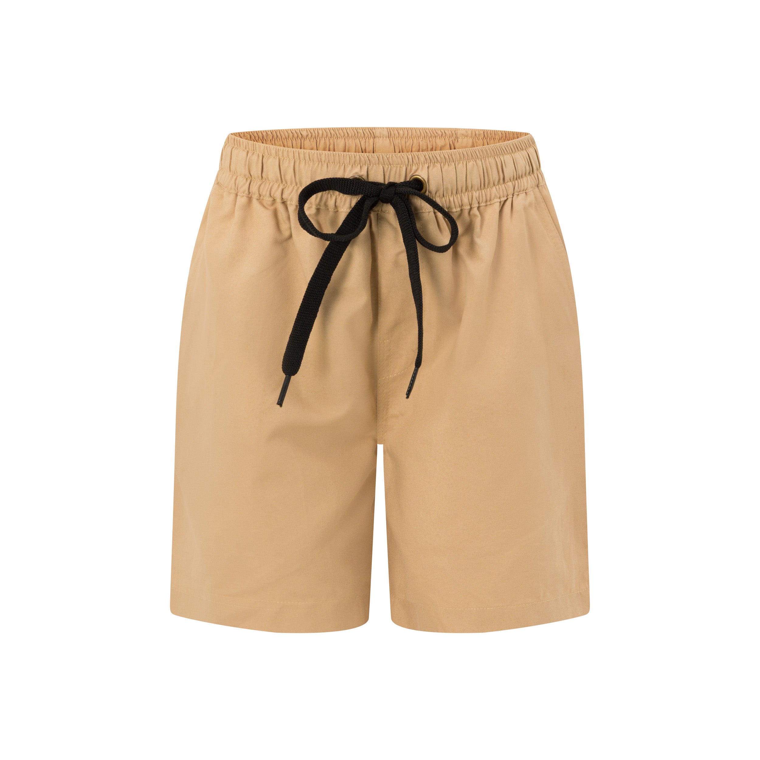 Khaki cotton kids shorts with elastic waist, black drawstring; relaxed fit ideal for tropical occasions. | Tropicool Clothing