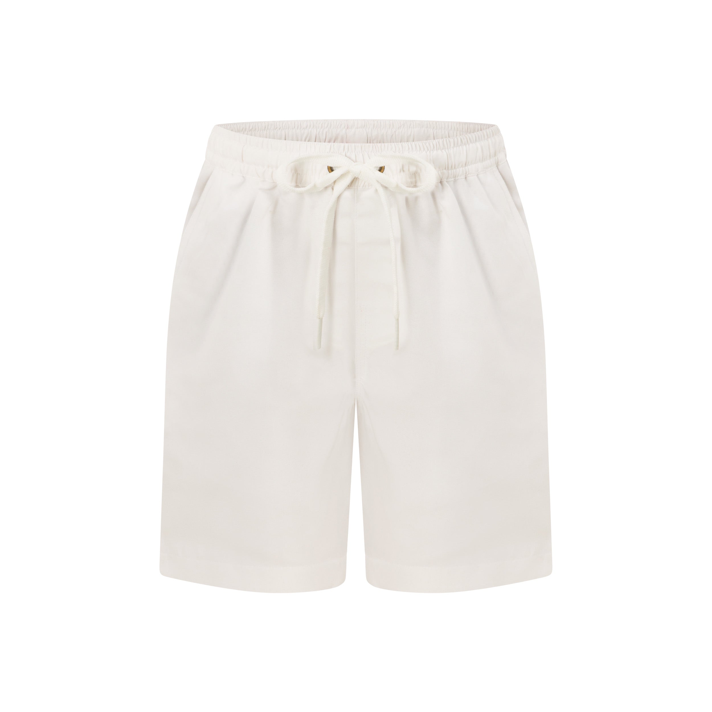 White knee-length cotton kids shorts with elastic waist, drawstring, and side pockets; tropical casual style. | Tropicool Clothing