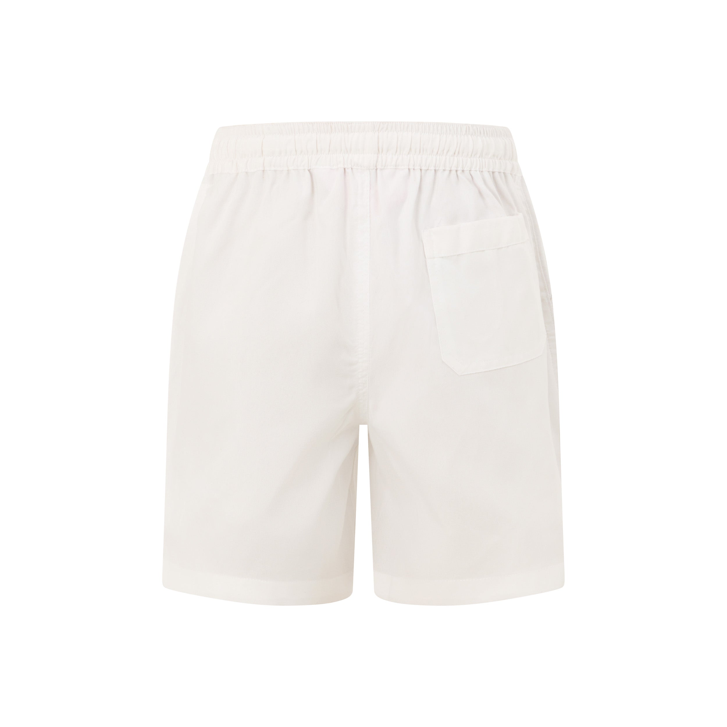White cotton kids’ shorts with elastic waist and back pocket; simple, tropical-inspired festive style. | Tropicool Clothing