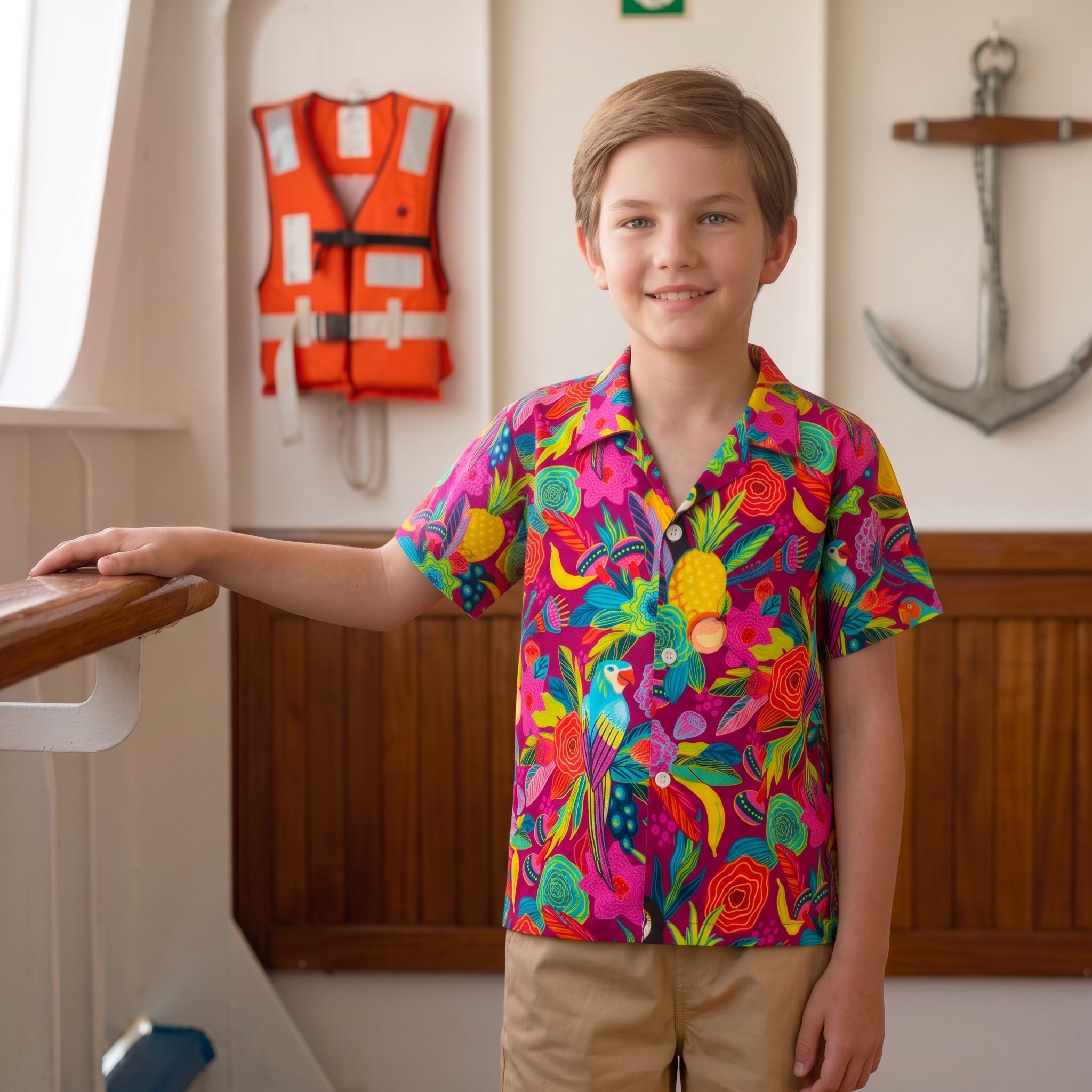 A young boy smiling and wearing a vibrant, multicolored tropical floral short-sleeve button-up shirt and khaki pants, standing indoors near a wooden railing with a nautical wall decor background.