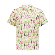Tropical yellow adult shirt with pink flamingos and green palm trees on a light background. | Tropicool Clothing