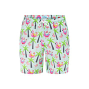Blue adult shorts with drawstring, featuring palm trees, flamingos, and toucans in a tropical print. | Tropicool Clothing