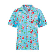 Icy blue short-sleeve Christmas shirt with Santa Claus and holly print, festive tropical apparel. | Tropicool Clothing