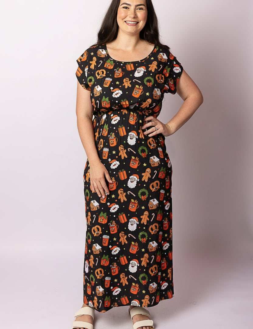 Woman wearing Tropicool Celyn Jingleverse Adult Dress – black Christmas dress with Rick and Morty 