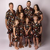 Family wearing Tropicool Jingleverse matching Christmas outfits, showcasing inclusive Australian summer styles in kids and adult sizes, featuring comfortable festive prints perfect for holiday photos, parties, and family events. rick & morty