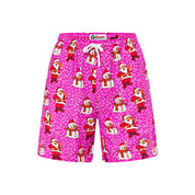 Pink Christmas shorts with drawstring, Santa and snowmen prints, white polka dots, festive tropical style. | Tropicool Clothing