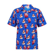 Blue Christmas shirt with Santa, snowmen, and white polka dot pattern; festive holiday tropical style. | Tropicool Clothing
