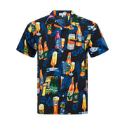 Black Hawaiian shirt with beer bottle, glass, and blue tropical flower pattern; festive tropical apparel. | Tropicool Clothing