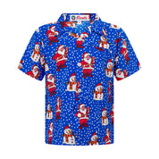 Bright blue kids’ Christmas shirt with Santa, snowmen, and white snowflake holiday print pattern. | Tropicool Clothing