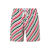 Christmas shorts with red, green, and white stripes; features a white drawstring waistband. Festive tropical style. | Tropicool Clothing