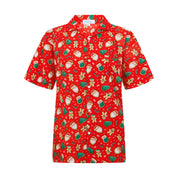 Red short-sleeve Christmas shirt with Santa faces, holiday trees, stockings; festive tropical style. | Tropicool Clothing