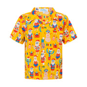 Yellow short-sleeve kids shirt with tropical cartoon prints, featuring palm trees and festive beach motifs. | Tropicool Clothing