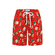 Kids Christmas shorts with red festive gingerbread pattern and white drawstring; holiday tropical style. | Tropicool Clothing