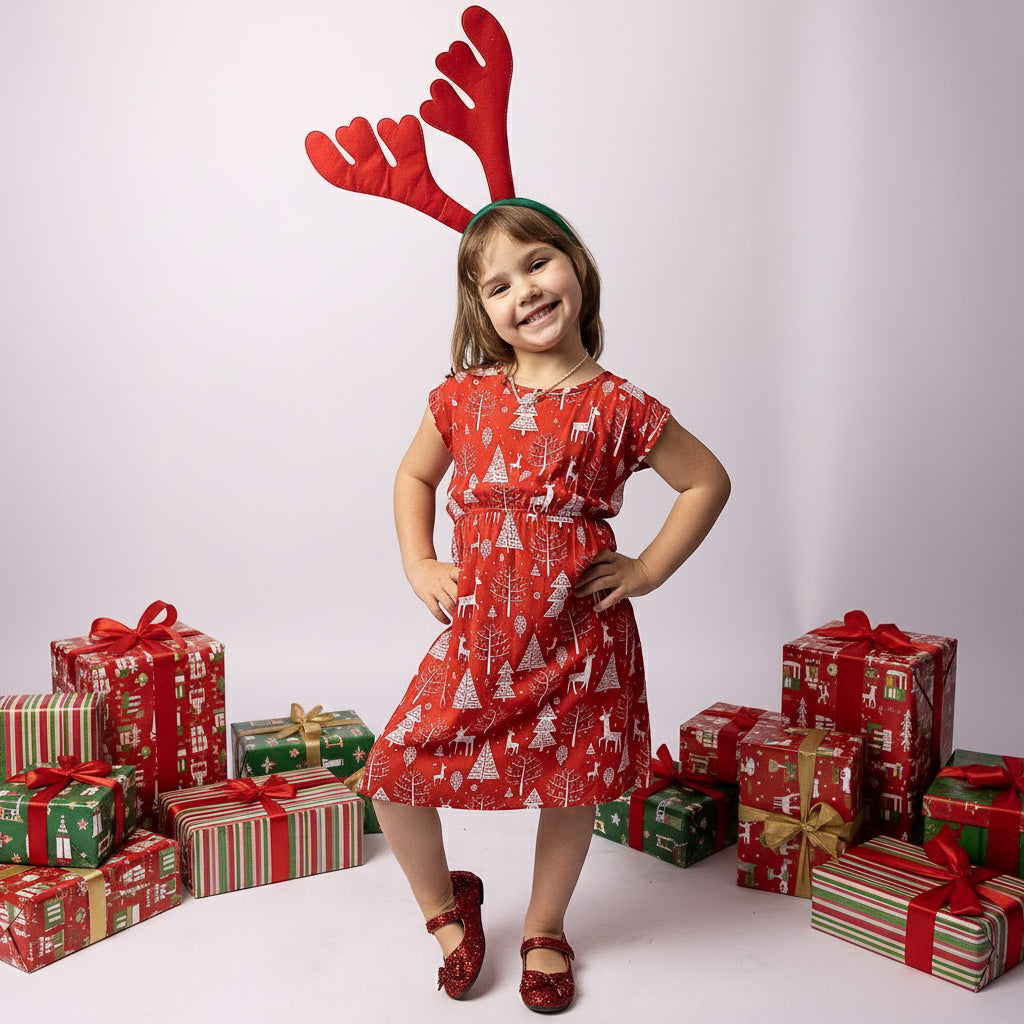 Girl in the Tropicool Holly Reindeer Red Kids Dress wearing Christmas antlers and striking a festive pose.