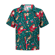 Green Christmas kids shirt with Santas, reindeer, gifts, and ornaments festive holiday pattern. | Tropicool Clothing