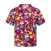 Purple kids shirt with white snowflakes, Christmas trees, holiday gifts, and festive icon print. | Tropicool Clothing