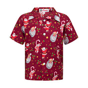 Maroon kids shirt with red base, Santa, sloths, candy canes, and star print; festive holiday pattern. | Tropicool Clothing