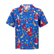 Blue short-sleeve button-up with Santa, snowmen, reindeer, and gift prints; festive tropical shirt. | Tropicool Clothing