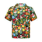 Green kids Christmas shirt with colorful snowmen, gift boxes, evergreen trees, and snowflake print. | Tropicool Clothing