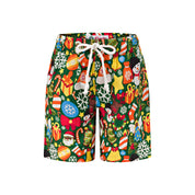 Green kids Christmas shorts with festive gift boxes, white snowflakes, and red candy cane patterns. | Tropicool Clothing