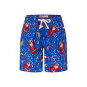 Blue kids shorts with Santa and snowman Christmas print, white drawstring waistband, festive design. | Tropicool Clothing