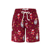 Maroon kids shorts with Santa, candy cane, and star prints; white drawstring waistband; festive style. | Tropicool Clothing